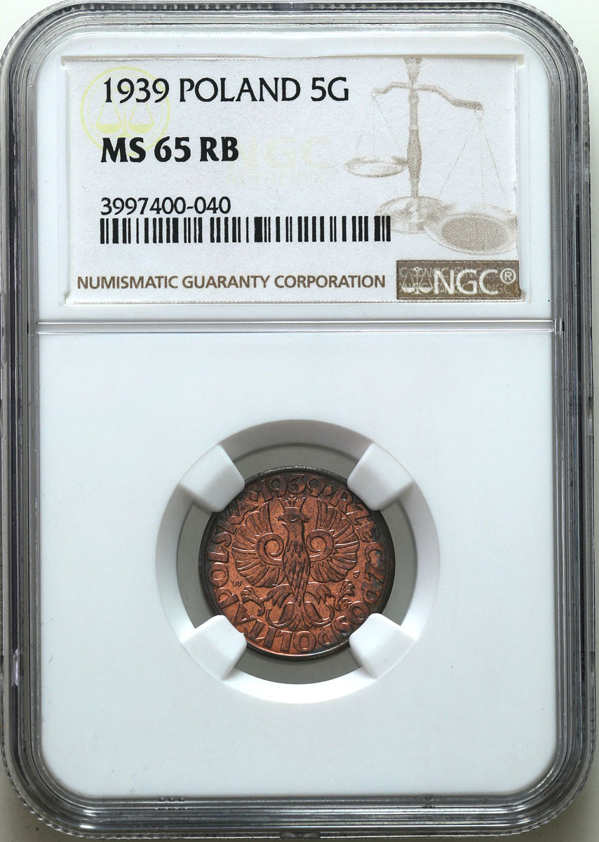 II RP. 5 groszy 1939 NGC MS65 RB (2 MAX)